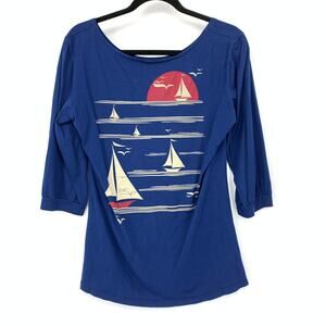 Blue Platypus 3/4 Sleeve Boatneck T-Shirt Womens Sz M Blue Sailboat Ocean Print